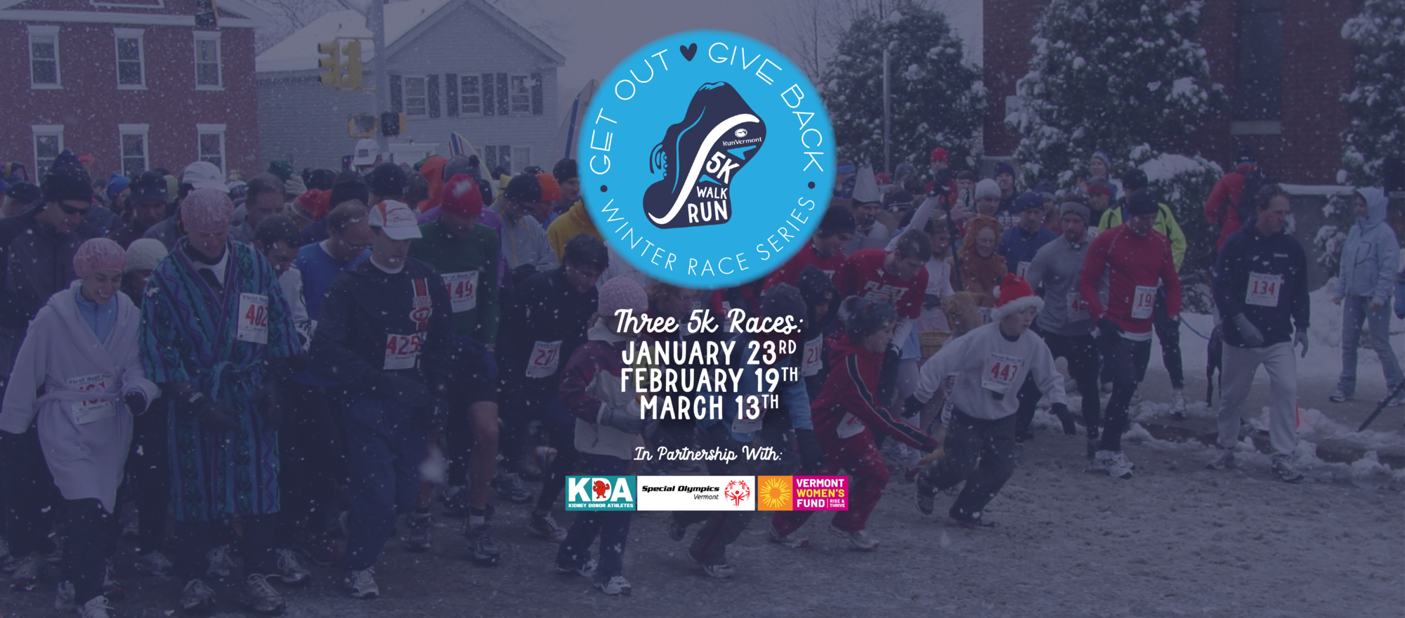 Get Out Give Back Winter Race Series header with dates and winter runners in the background.